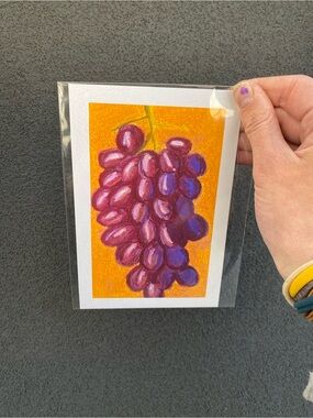 “Sour Grapes” oil pastel Art Print - Purple on Orange